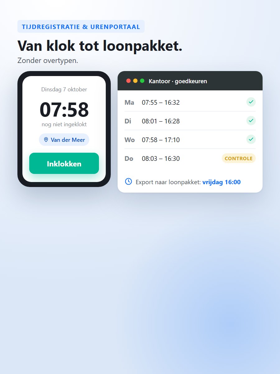 Tijdregistratie: inklokken op de telefoon en goedkeuren op kantoor, met export naar het loonpakket